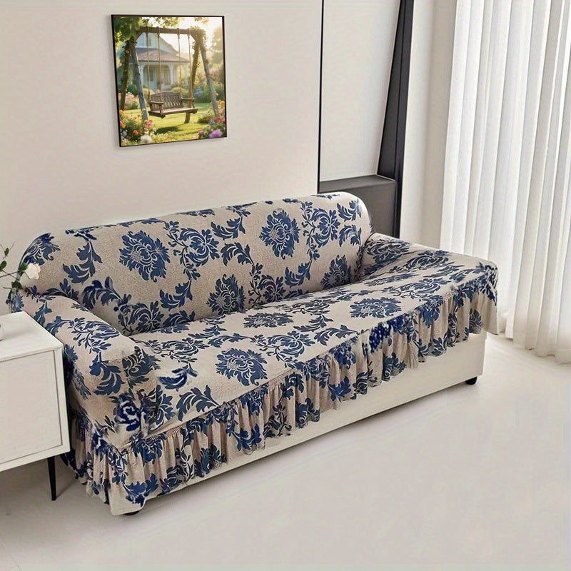 Stretch Sofa Cover Slipcover High-Stretch Fabric Ruffle Skirt Non-Slip Rod All-Season Snug Fit for 1 2 3 4 Seater Couch — Dark Blue with Pillow Cover