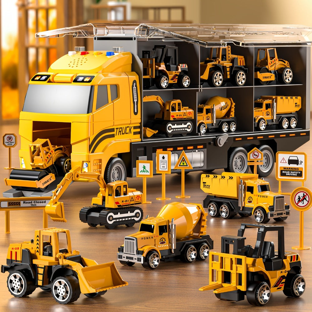 Construction Truck Toy Set, 13-in-1 Carrier with Die-Cast Vehicles and Play Mat