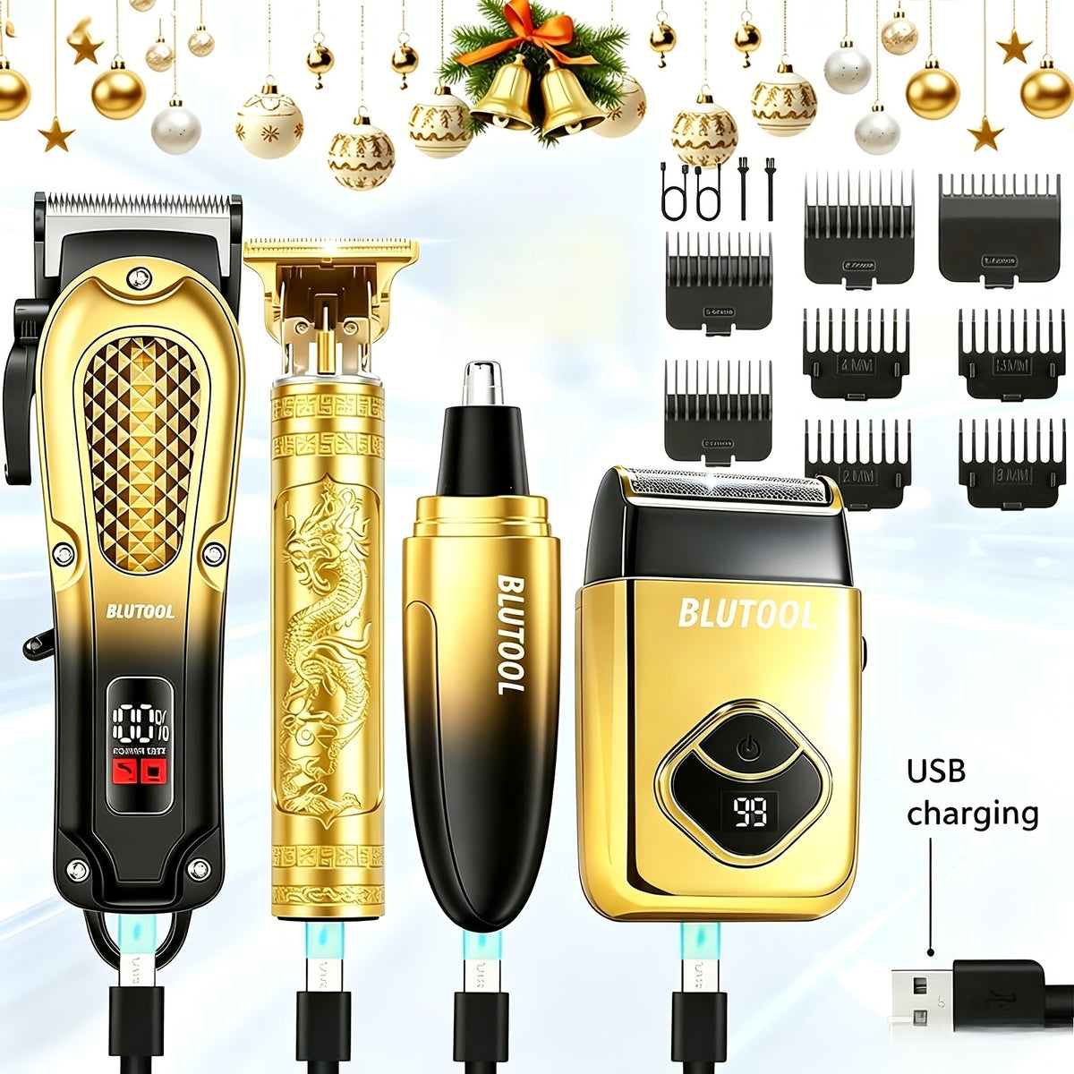 Multi-Piece Hair Clipper Kit for Men – USB Rechargeable Cordless Electric Trimmer Set, 2-Piece & 4-Piece Home Travel Barber Tool, Black Blue Gold Grooming Gift