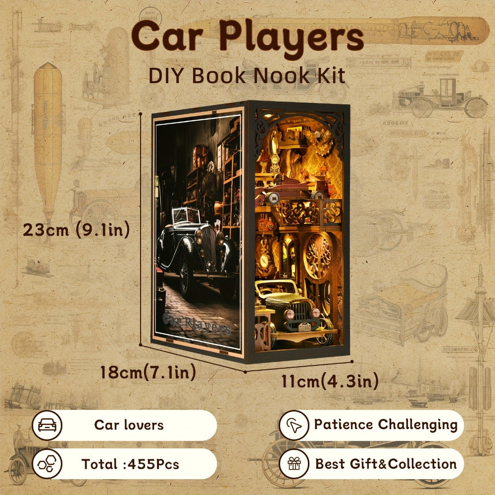 Car Players Book Nook Kit, DIY Wooden Vintage Alley Bookshelf Insert