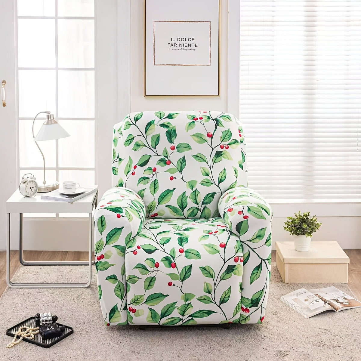 Recliner Slipcover 4pcs Extra Large with Pocket - Spandex Stretch Four Seasons Furniture Protector | Botanical Geometric Prints | Living Room Home Decor Sofa Chair Cover