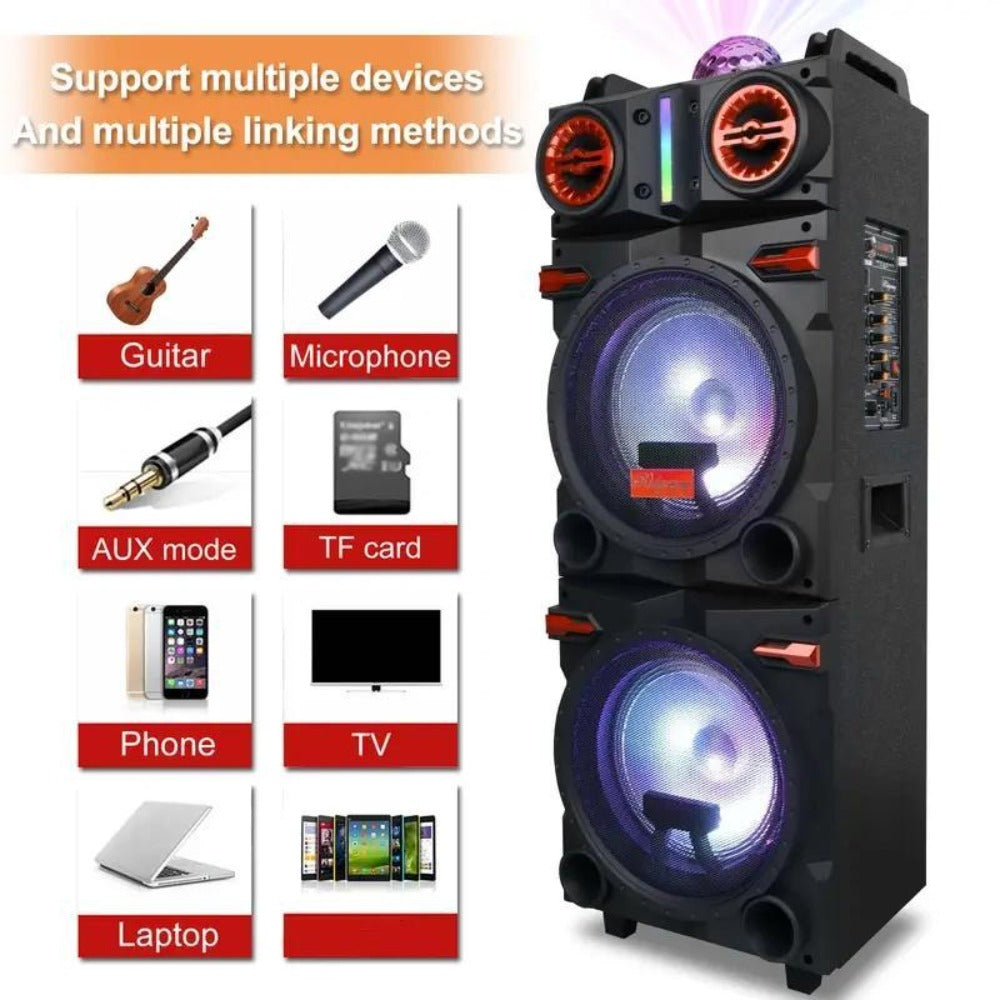 Karaoke Party Bluetooth Speaker with Sound Reactive Lights, 1000W Peak DJ Subwoofer Stereo Boombox, USB SD AUX FM Radio, Telescopic Rod Remote Control for Outdoor Indoor Party