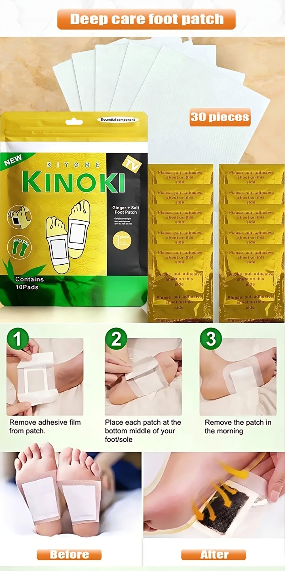 Foot Detox Pads 30 Pack Bamboo Vinegar Ginger Powder Natural Plant Ingredient Deep Cleansing Moisturizing Patches – Overnight Foot Massage Relaxation for Home Office Travel, Self-Care Wellness Gift