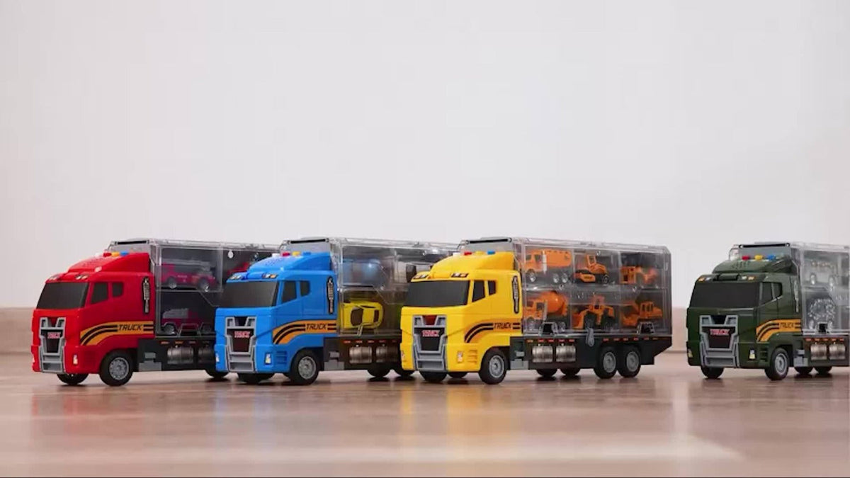 Fire Truck Toy Set with Die-Cast Metal Carrier Truck & Play Mat, Emergency Vehicle Playset