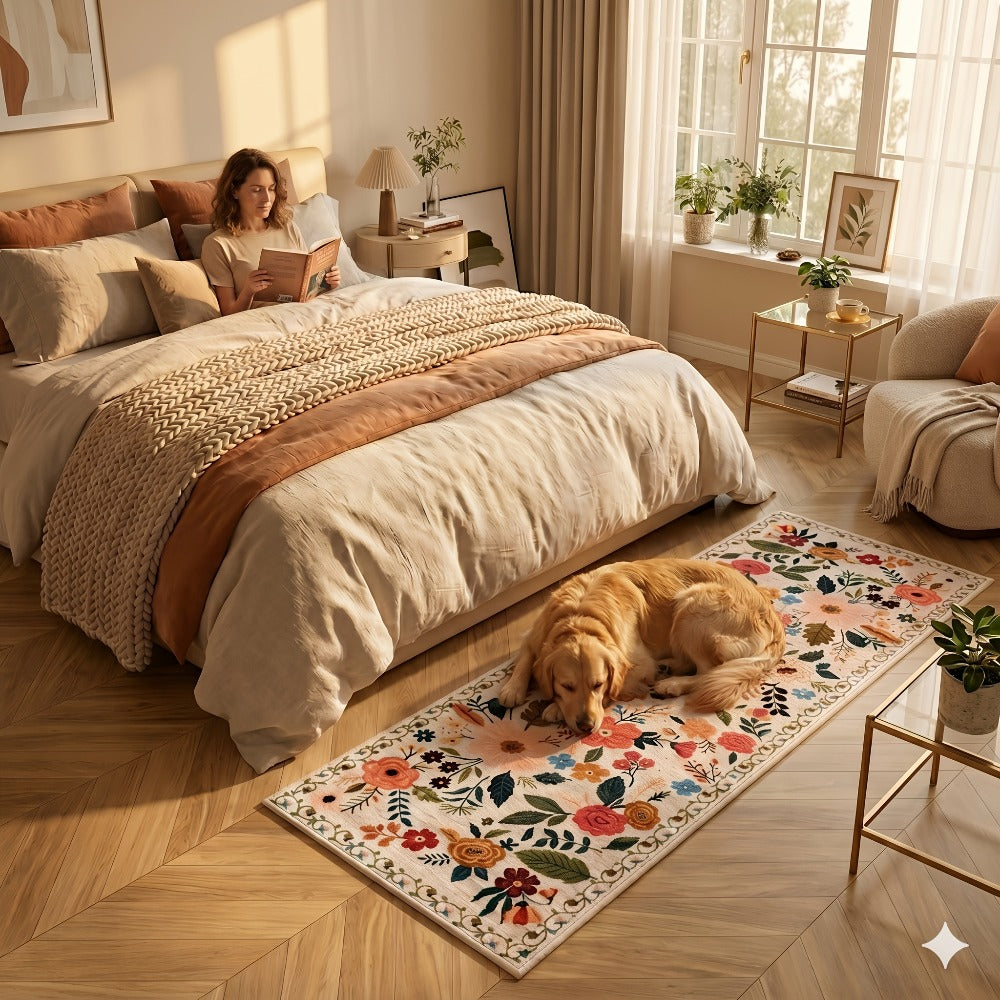 Bohemian Floral Plush Rug Non-Slip Machine Washable – Soft Floral Runner Mat for Bedroom, Kitchen, Bathroom, Entryway & Living Room – Easy Clean Indoor Home Decor Mat, 4 Sizes