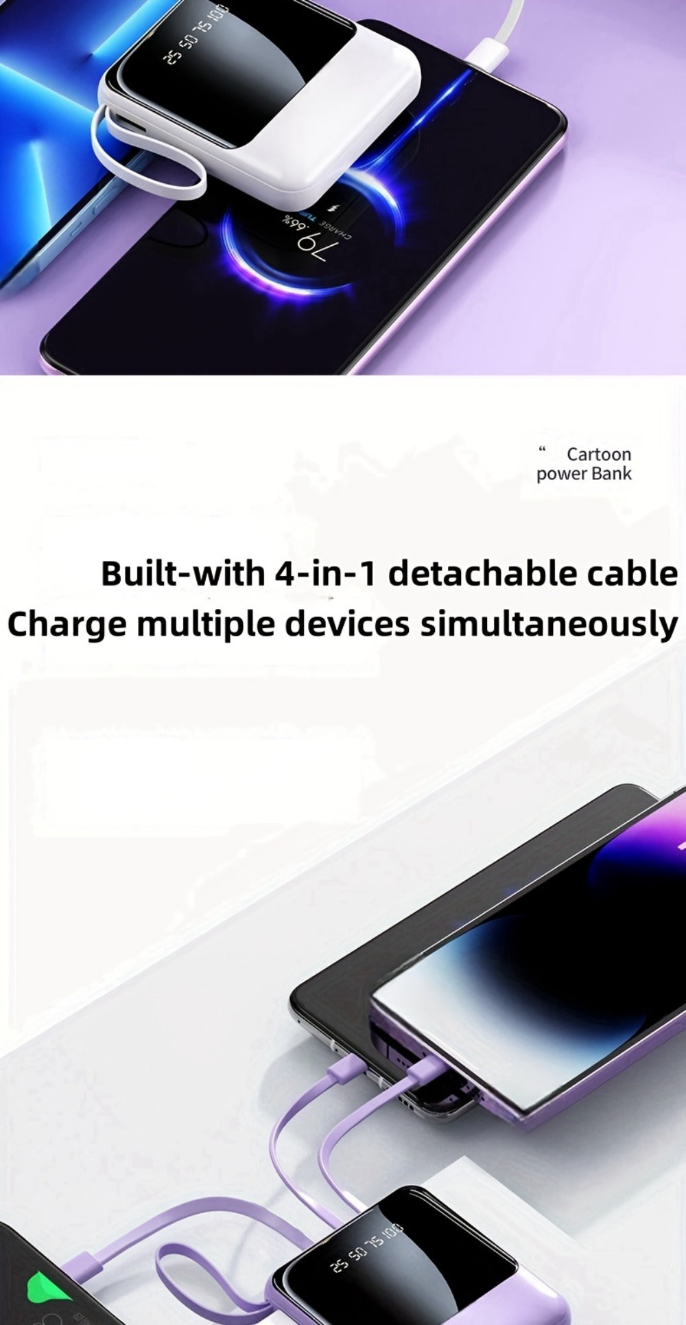 10000mAh Power Bank Built-in 4-in-1 Cable 22.5W Super Fast Charging Slim Mini Portable Charger for iPhone Android Samsung – Compact Travel Battery Pack USB-C Micro Lightning