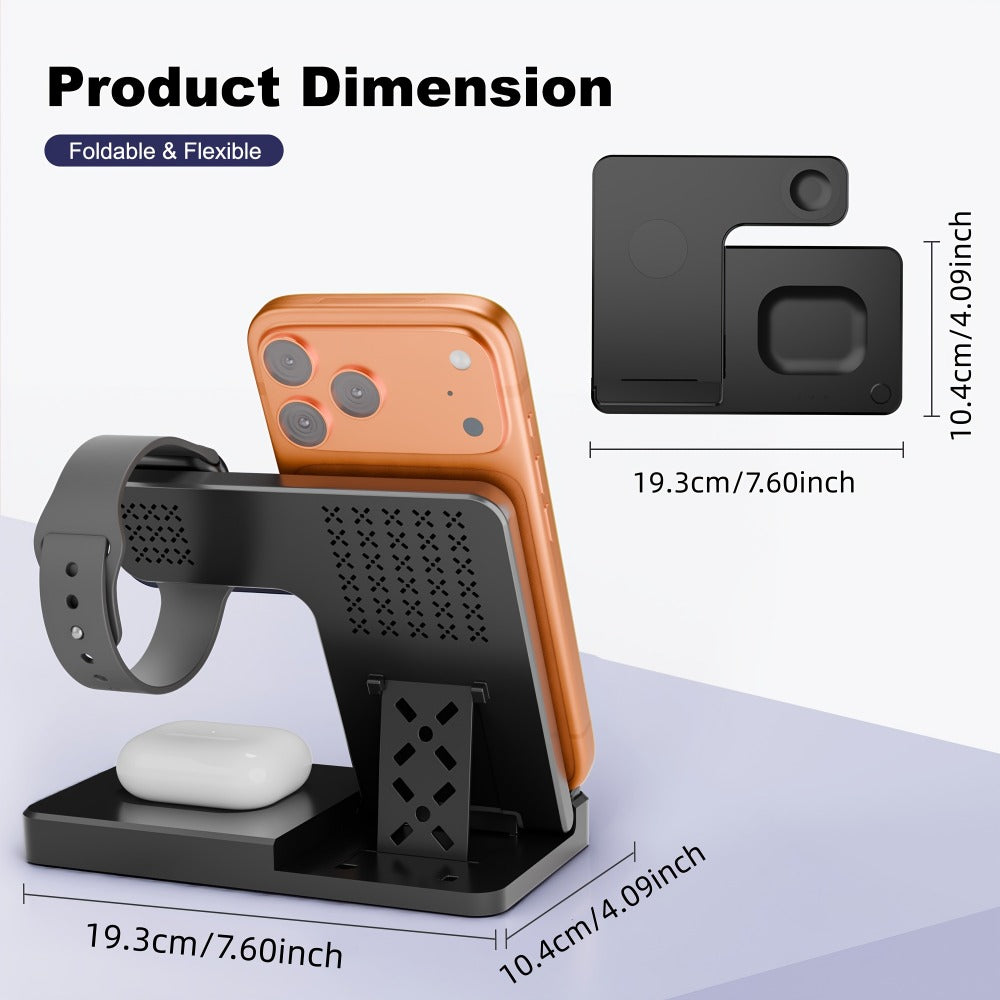 3-in-1 MagSafe Wireless Charger Foldable Travel Charging Station 15W Fast Charge – LED Indicator, Anti-Slip Stand for iPhone 17/16/15/14/13/12, Apple Watch Ultra/Series 10/9/SE & AirPods Pro | Jet Black & White