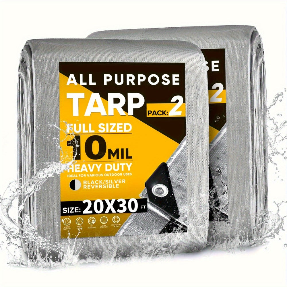 Heavy Duty Waterproof Tarp 2-Pack 10Mil 150GSM Black Silver – Tear-Proof Polyethylene Cover with Reinforced Grommets for Roof Pool Boat Car Camping & Outdoor