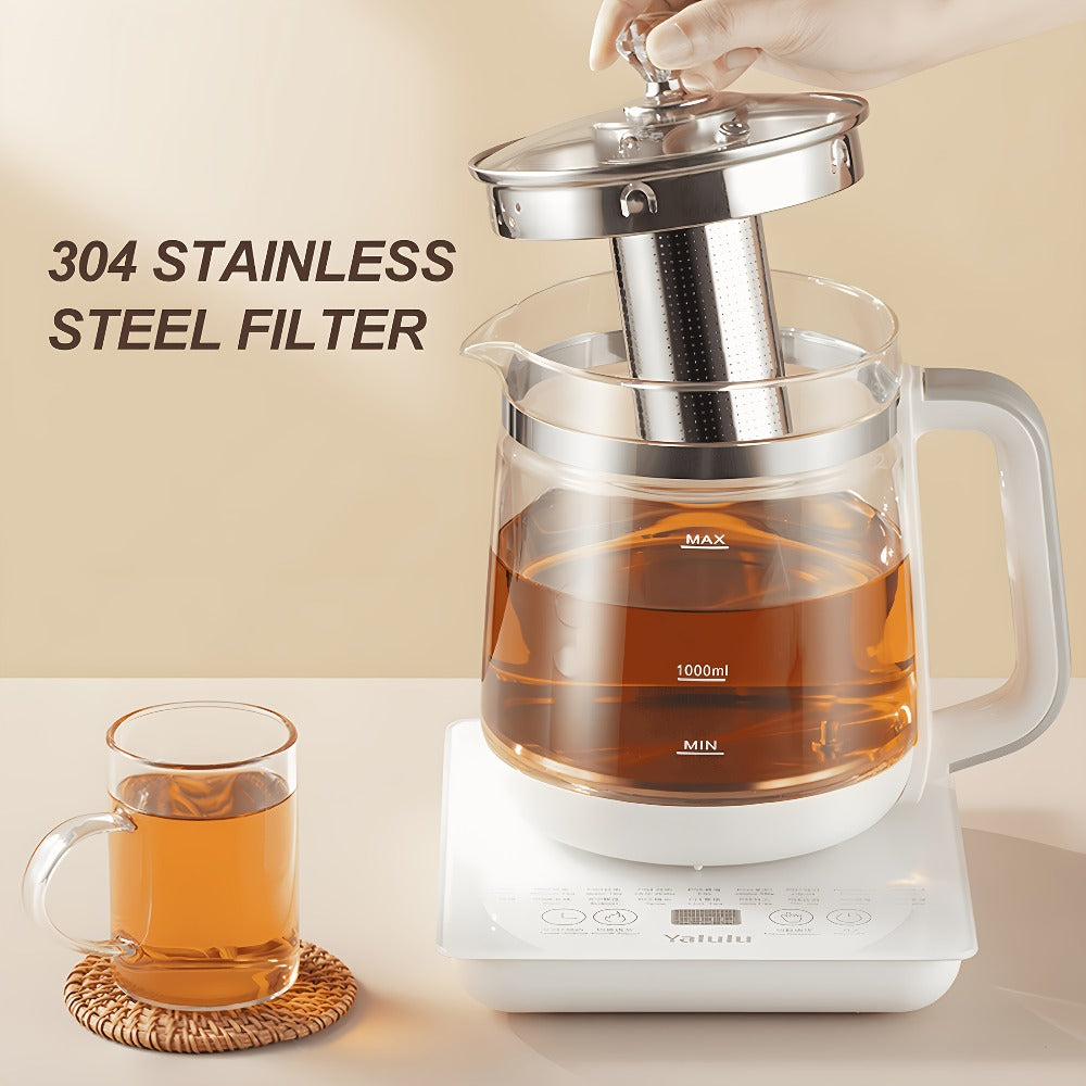 Electric Health Pot Smart Kettle 1.8L Thickened Glass 18 Smart Functions Removable Filter Multi-Functional for Tea Herbal Brewing Camping Home US Plug White