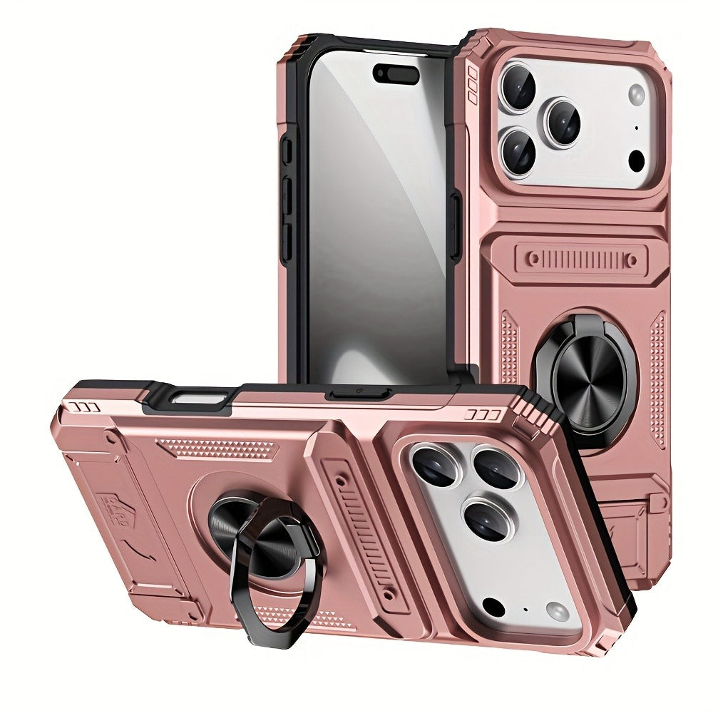 iPhone Card Slot Shockproof Case with Ring Holder & Kickstand – Wallet Phone Cover for iPhone 17 17 Air 17 Pro Max 16 15 14 13 12 11 Pro Max Plus Mini | Heavy Duty Drop Protection