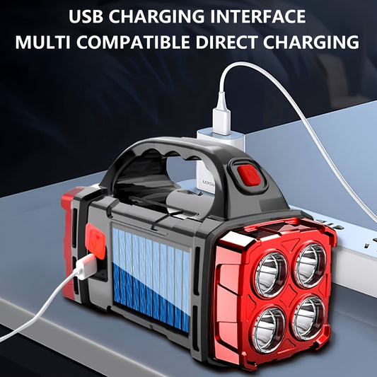 Solar Rechargeable LED Flashlight with USB-C Charging, Power Bank and Adjustable Focus