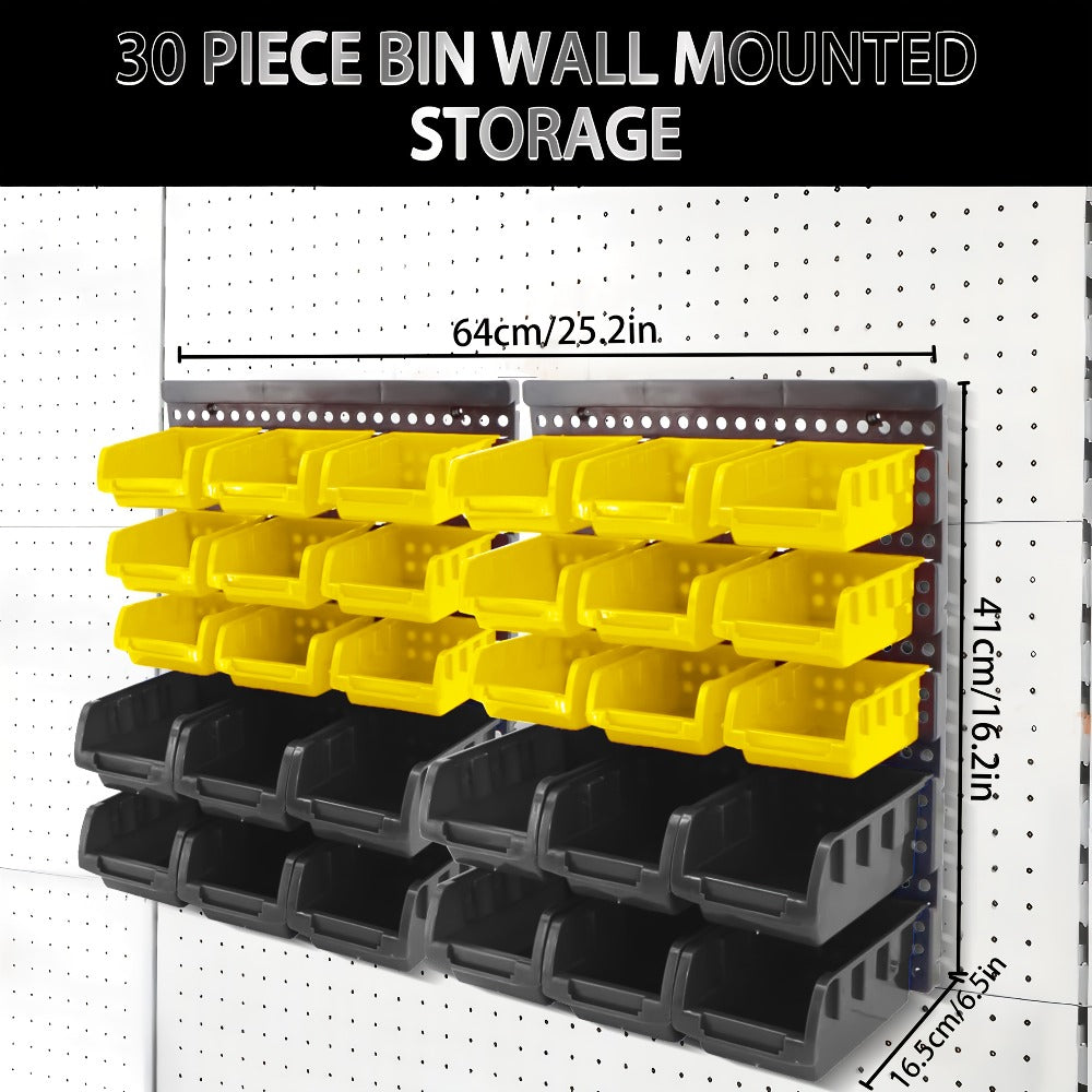 Plastic Parts Storage Bins Wall Mount 30pcs – Heavy Duty Small Hardware Organizer for Screws, Nuts, Bolts & Nails | Multi-Tier Wall Shelf System for Garage, Workshop & Craft Room | Space-Saving Bin Rack