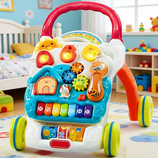 2-in-1 Sit-to-Stand Baby Push Walker with Detachable Play Panel and Piano