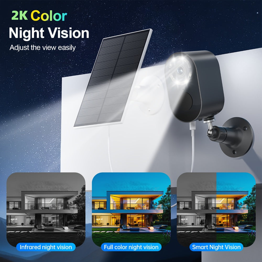 2K Solar Security Camera Outdoor Waterproof with Human Figure Alarm, Color Night Vision, 2-Way Audio, Low-Power WiFi Monitoring – Indoor Outdoor Pet Baby Surveillance Camera, 2.4G Wi-Fi