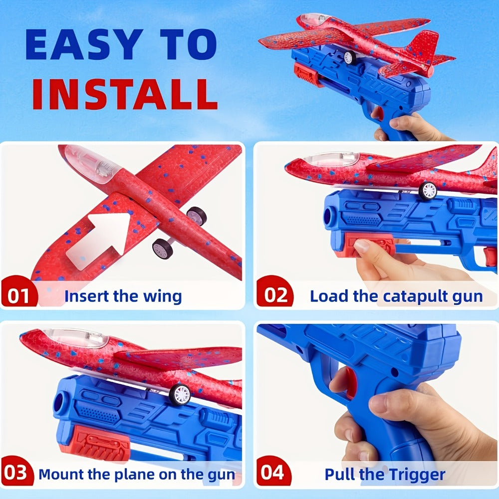 Foam Airplane Launcher Toy Set with 3 Foam Planes & Catapult, 2 Flight Modes for Outdoor Play