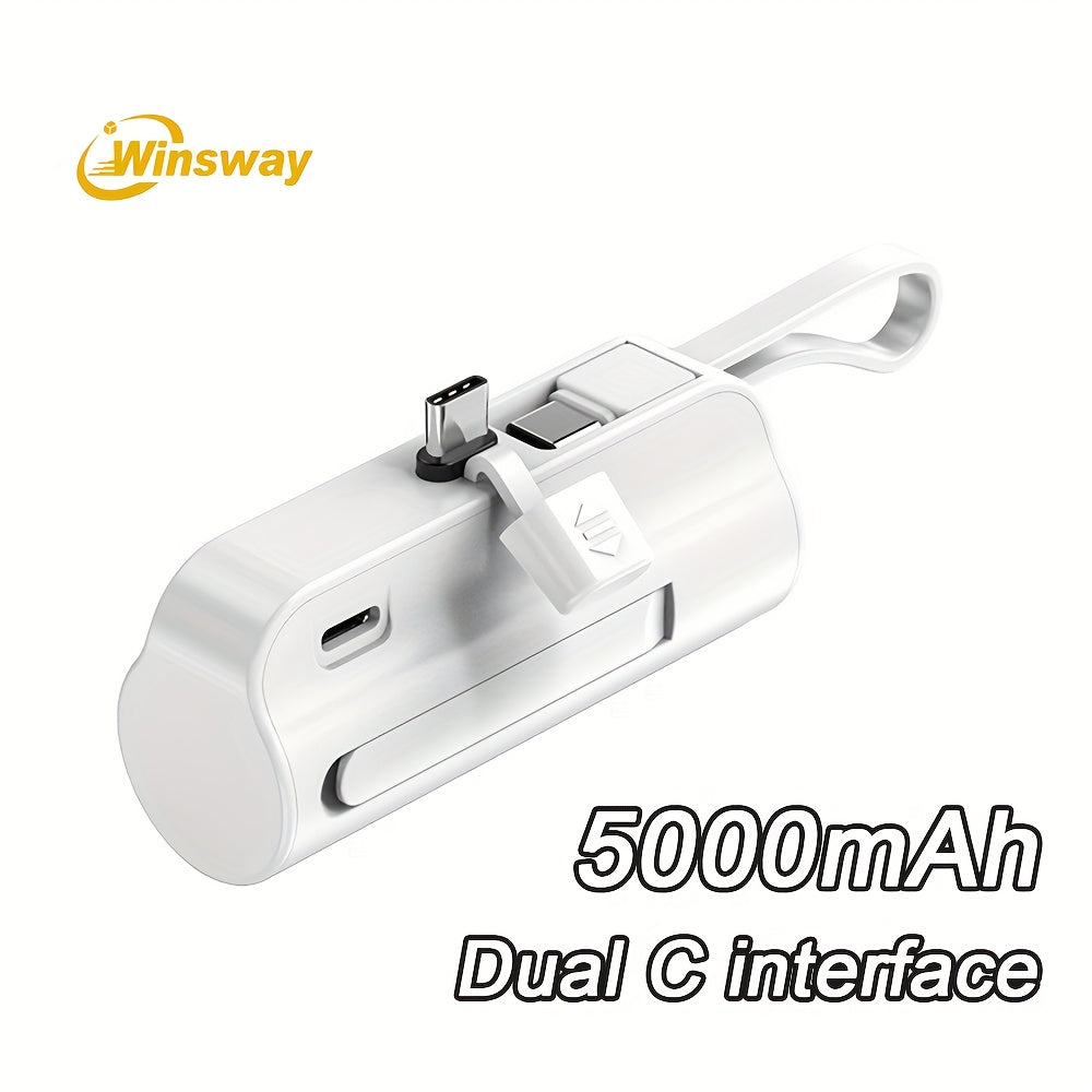 Capsule Mini Power Bank 5000mAh Dual Port Wireless Charging Phone Holder Fast Charge USB-C Cable Charge Two Phones at Once Pocket Portable Charger for Android Samsung iPhone