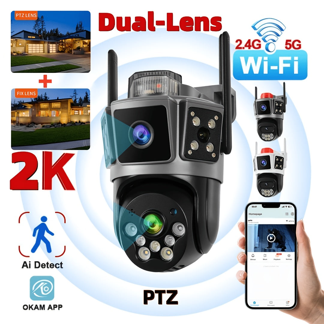 Dual Lens 3-Scene Security Camera WiFi Outdoor Indoor 355° Pan Tilt with Color Night Vision, AI Motion Sensor Alarm, Remote Monitoring, Cloud Storage & SD Card Up to 256GB – Wire-Free Home Surveillance