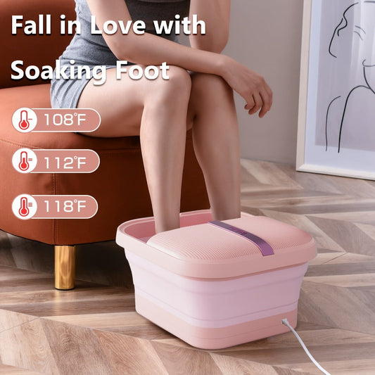 Collapsible Foot Bath Spa with Heat, Bubbles and Massage Rollers in Pink