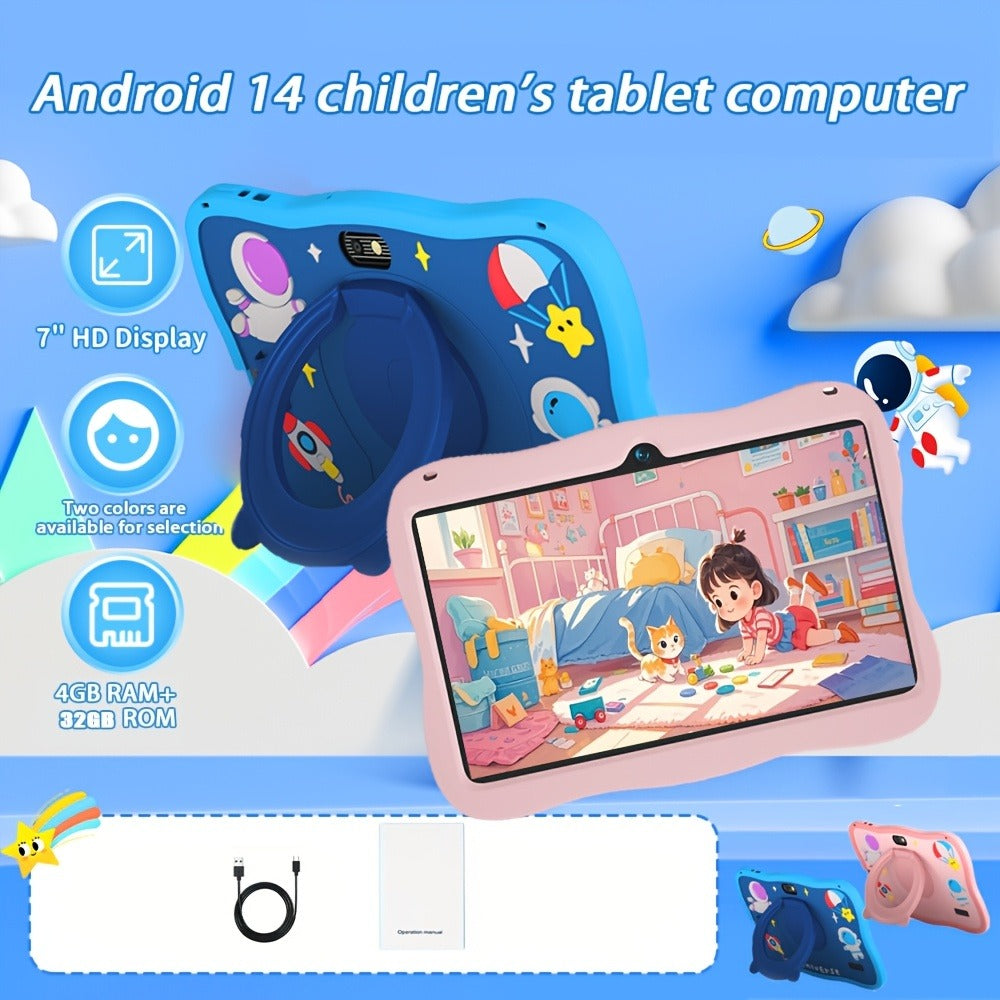 Kids Tablet 7 Inch Android 14 with Protective Case, 4GB RAM 32GB Storage, Parental Control, Google Kids Space, WiFi Bluetooth YouTube, Educational Gift for Toddlers Boys Girls Ages 3-12, Pink & Blue