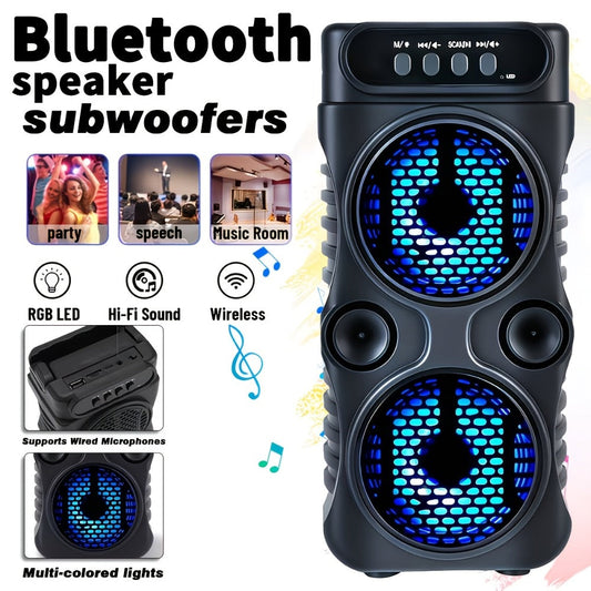Dual Subwoofer Heavy Bass Portable Wireless Speaker with Colorful Lighting – FM Radio, MP3 Player, Supports Bluetooth, TWS, USB, AUX, TF Card & Microphone Input, Perfect for Home Parties & Holiday Gatherings