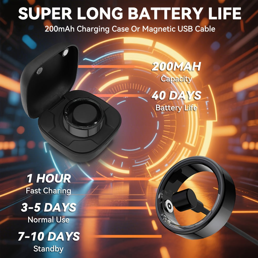 Smart Ring Fitness Tracker with Charging Case – Sleep Tracker Step Counter Distance Monitor for Women & Men | Sizes 7-13 | Black Silver Gold | iPhone & Android | USB Rechargeable | Health Gift