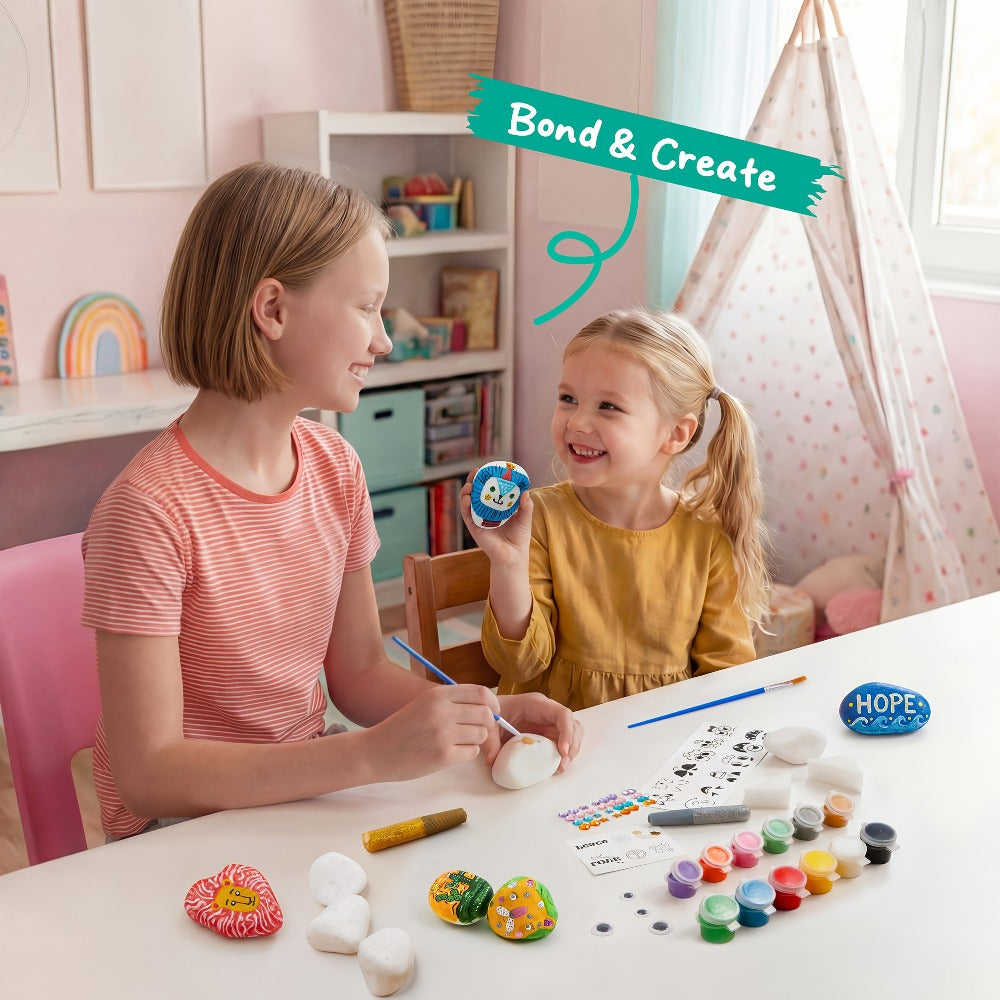 Rock Painting Kit for Kids 10 Stones 16 Paints 6 Metallic Colors Arts and Crafts Set for Girls Boys Ages 6+ DIY Stone Art with Gems Glitter Glue Stickers Brushes Birthday Christmas Gift