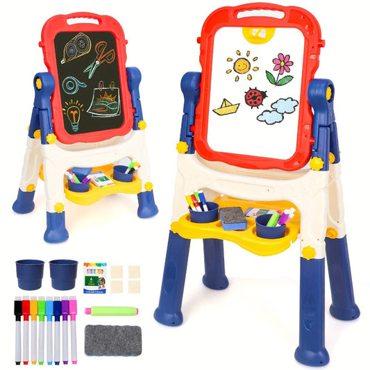 Art Easel for Kids, Adjustable Double-Sided Standing Chalkboard & Whiteboard Easel, Blue & Pink