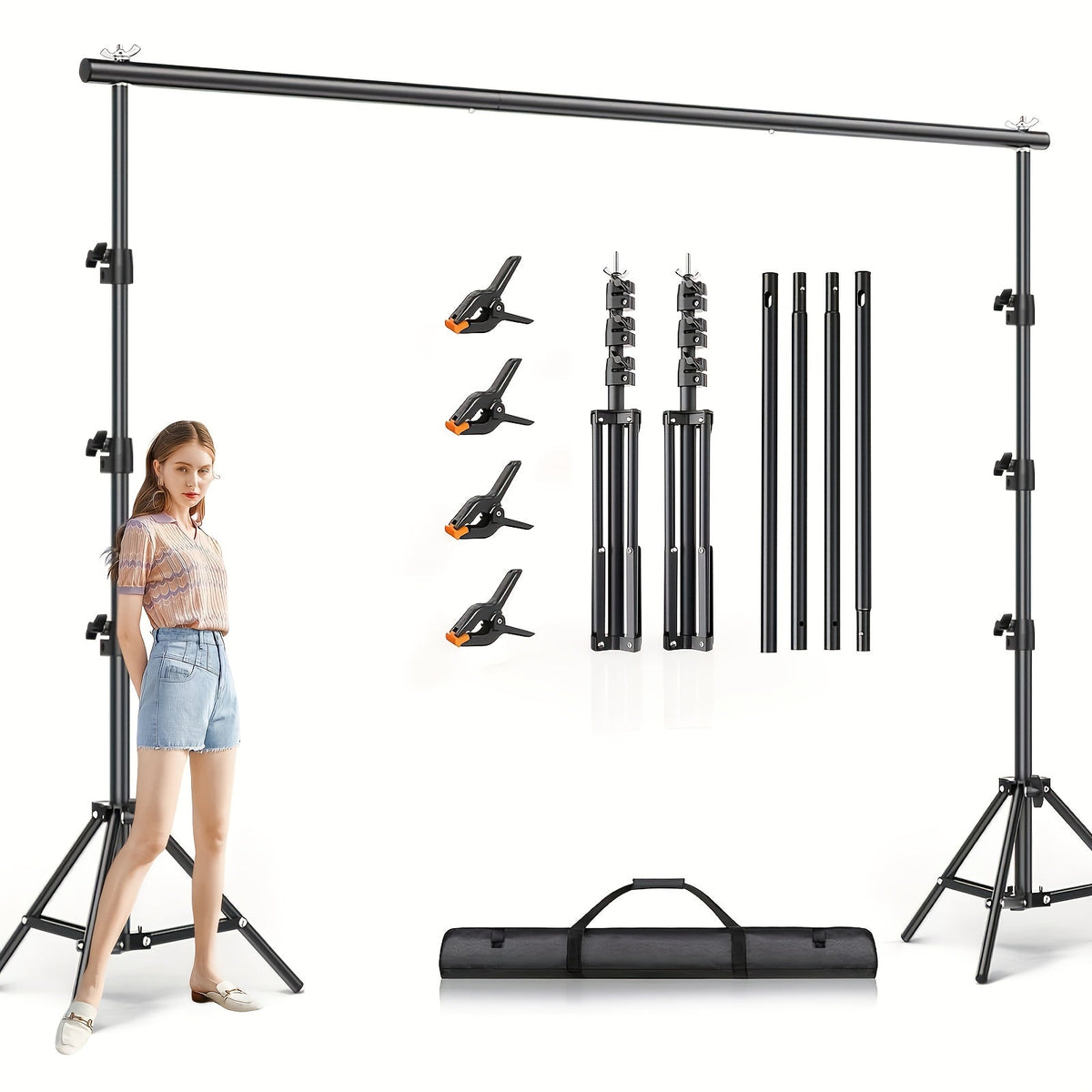 10x10FT Backdrop Stand Kit, 2 Adjustable Background Supports with 4 Crossbars, 4 Clamps and Carrying Bag, Iron Photo Video Studio Stand for Photography, Parties, Decoration