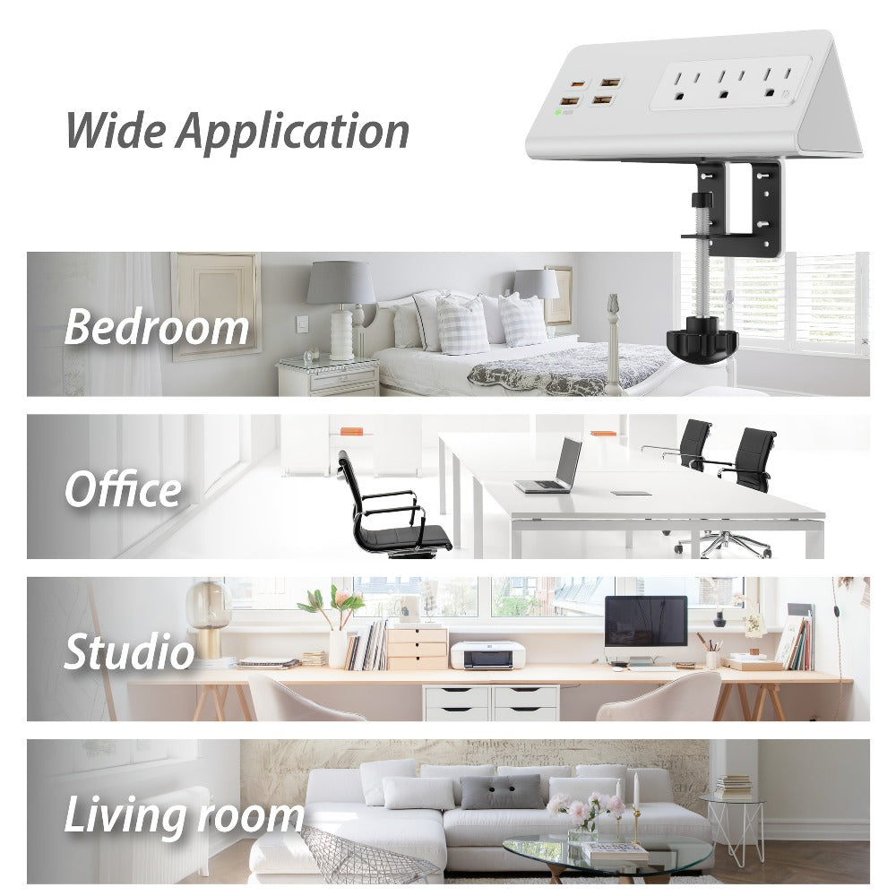 Desk Edge Mount Power Strip 7-in-1 with PD 20W USB-C Fast Charging, Screw & Clamp Mount, 5.6ft Extension Cord, Power Indicator Light – Under-Desk Charging Station for Office, Dorm & Hotel