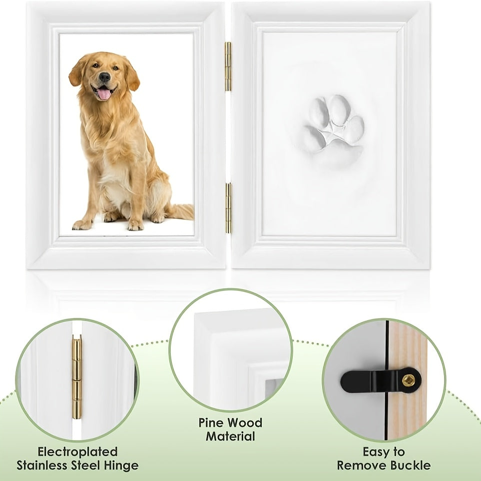 Pet Paw Print Frame Kit with Clay Impression – Wooden Photo Frame Keepsake for Dogs & Cats, Tabletop Memorial Gift, Home Decor Commemorative Set, White