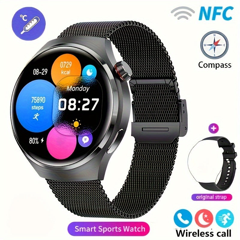 GPS Smartwatch Men with NFC & Multiple Strap Styles – 360×360 HD Screen Wireless Calling GPS Motion Trajectory Sports Fitness Tracker Heart Rate Sleep Monitor Outdoor Watch Black Steel Mesh Faux Leather