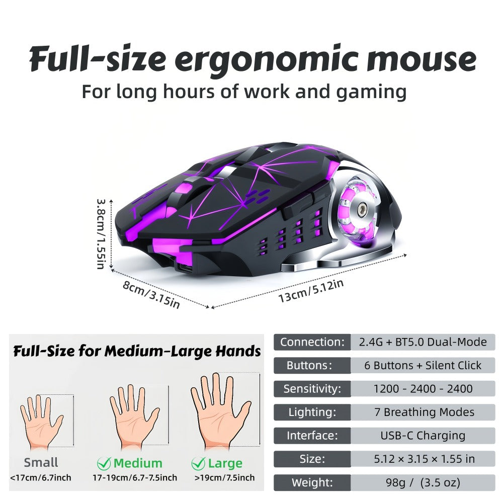 Bluetooth 5.0 2.4G Dual Mode Wireless RGB Gaming Mouse Silent 6 Button Ergonomic USB-C Rechargeable Breathing Light for PC Laptop Mac Tablet Office Gaming Tech Black Star Black White Gray