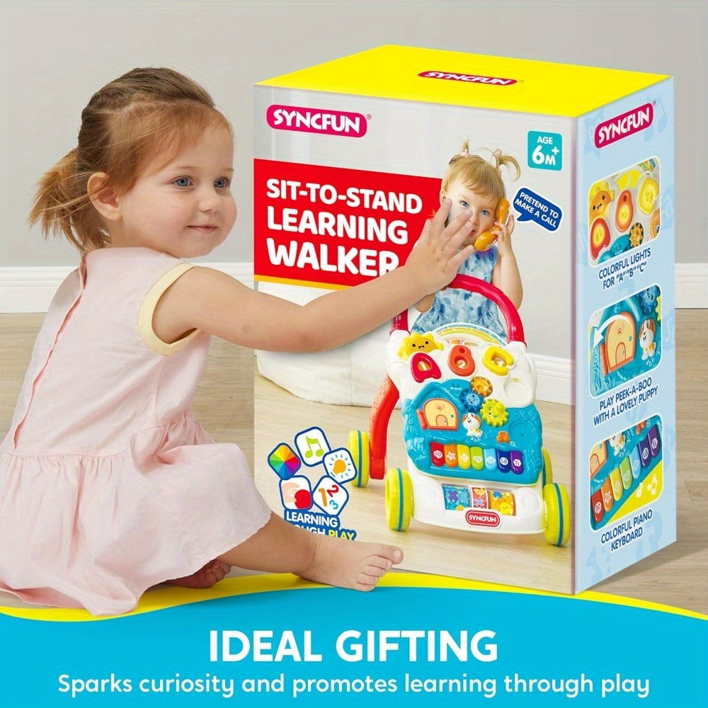 Sit to Stand Baby Push Walker 2-in-1 Adjustable Speed Learning Walker Detachable Play Panel 7-Mode Piano Light-Up Buttons Sound Effects | Infant Walking Toy for Boys Girls | Baby Shower Birthday Gift