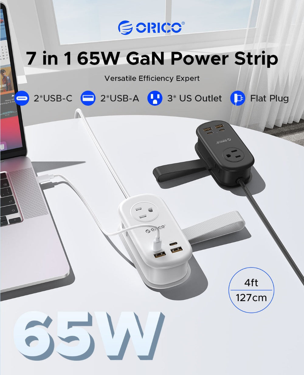 GaN 65W Portable Power Strip Fast Charging - 3 AC Outlets, 2 USB-C & 2 USB-A Ports, Flat Plug, 50-inch Cable, Compact Travel Charging Station for Laptop Tablet Phone Home Office Studio