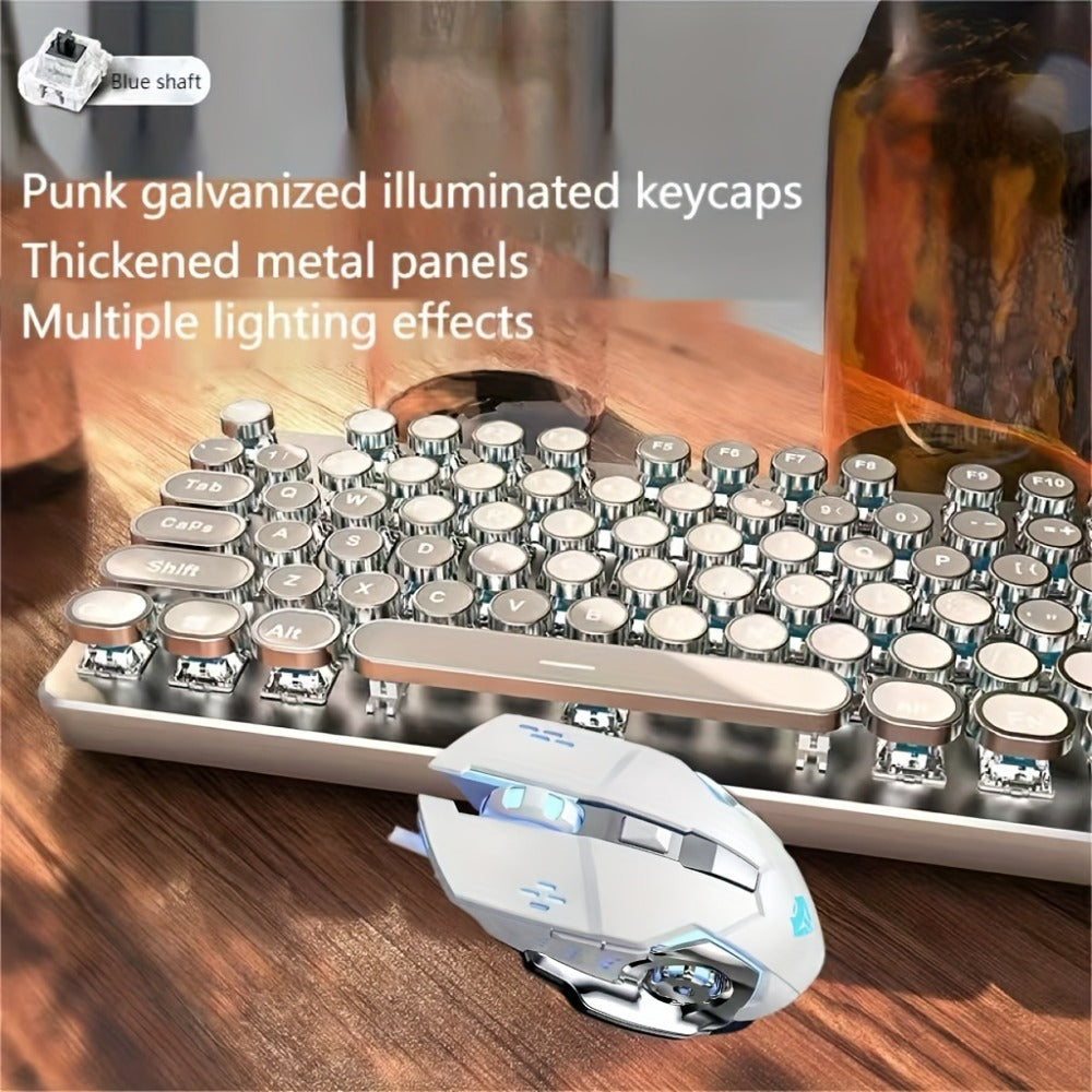 Cyberpunk Retro Typewriter Mechanical Keyboard 104 Keys Full-Size with Multi-Function Knob Backlit Round Keys Ergonomic Spill-Proof USB Wired for Desktop Laptop Windows Mac Gaming Typing
