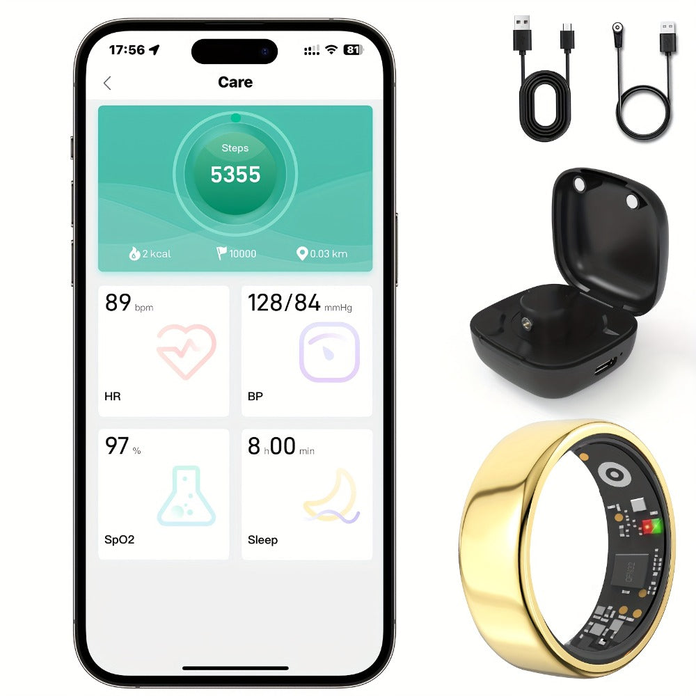 Smart Ring Fitness Tracker with Charging Case – Sleep Tracker Step Counter Distance Monitor for Women & Men | Sizes 7-13 | Black Silver Gold | iPhone & Android | USB Rechargeable | Health Gift
