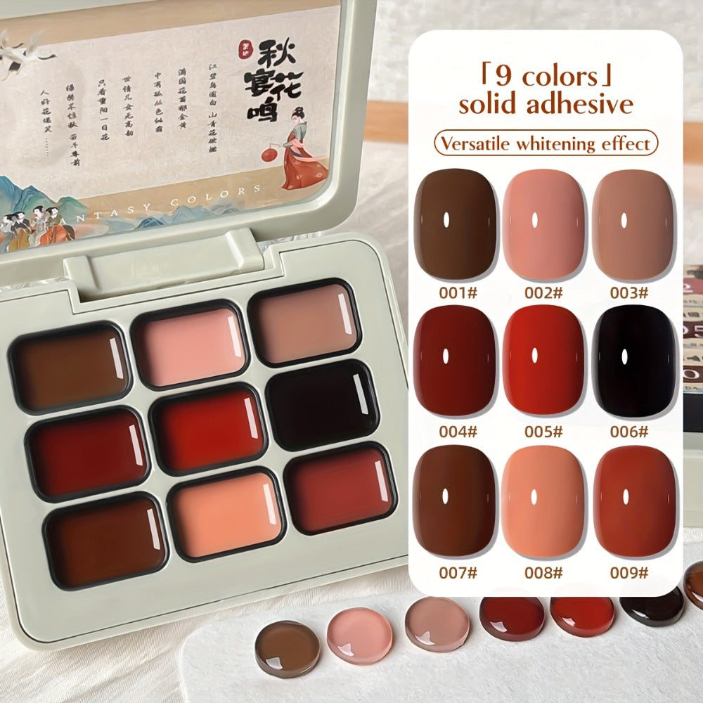 Gel Nail Polish Set 9 Colors Autumn Harvest High Saturation Soak-Off LED — Alcohol-Free Long-Lasting Solid Gel Polish Kit with Light Therapy Pen for Salon & Home Manicure