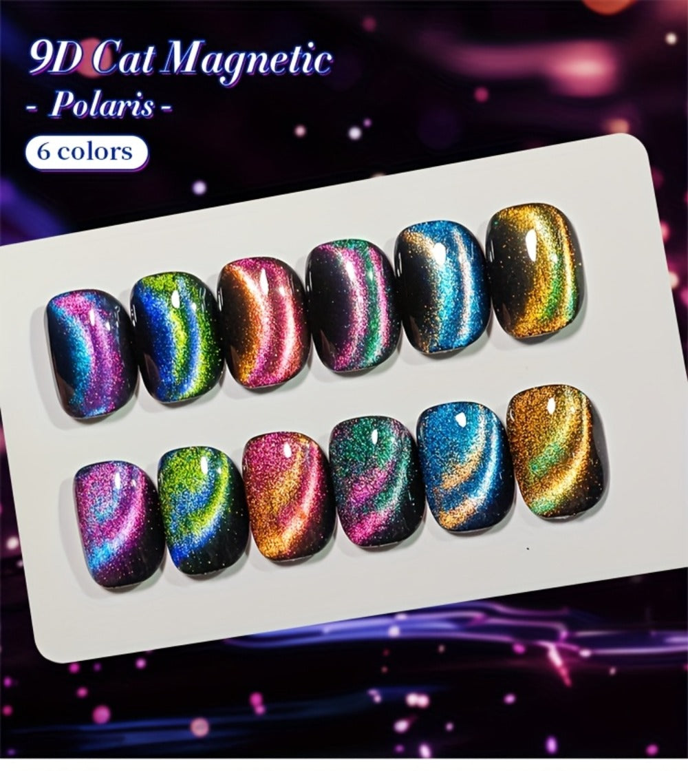 Cat Eye Gel Nail Polish Set 6 Colors 9D Magnetic Polaris Glass Water Light Effect - Semi-Permanent Soak Off LED UV Gel 0.34oz Each - Long Lasting Shimmer Nail Art for Women Salon Home DIY