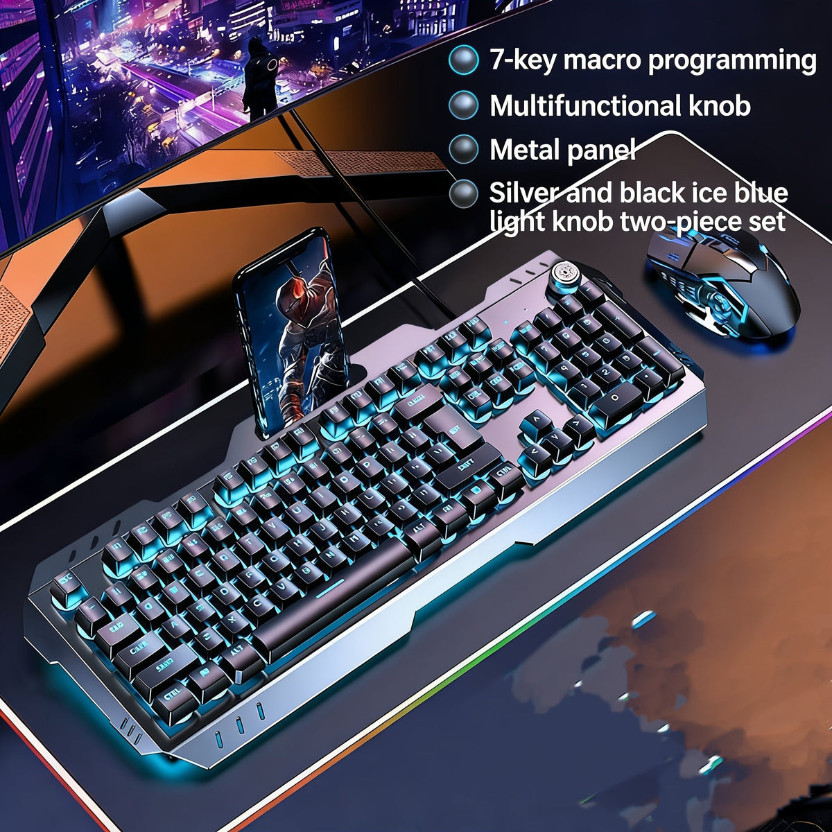 Gaming Keyboard Wired 104 Keys Full Metal Panel – LED Color Backlight, Multimedia Knob, Faux Mechanical Feel, USB, Ergonomic Design with Phone Holder | Keyboard or Keyboard & Mouse Combo