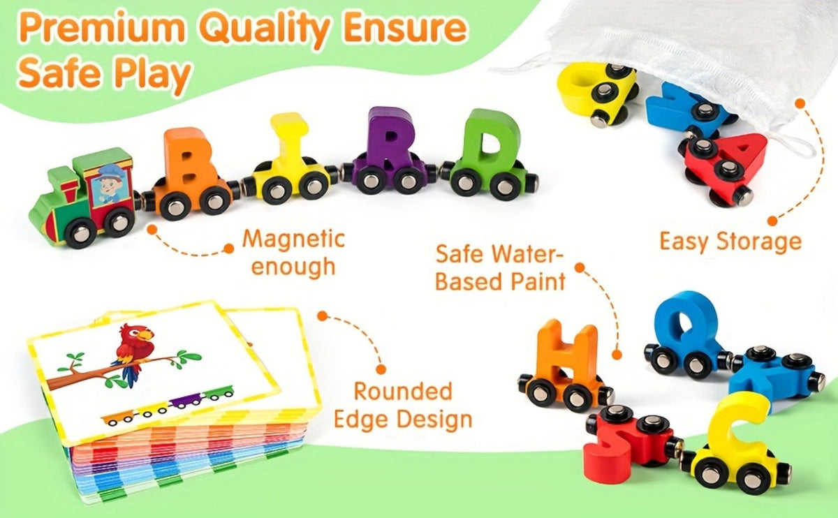 Wooden Alphabet Train Set, 27-Piece Magnetic ABC Letter Toy with 42 Flash Cards & Storage Bag