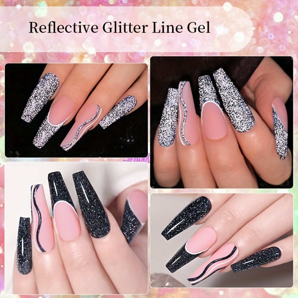 Reflective Glitter Line Gel Nail Polish 9pcs Set – LED Cure Stripe Liner Pull Line Graffiti Sparkling Nail Art Kit for Salon & DIY Home Manicure, 5ml Each Long Lasting Chip Resistant
