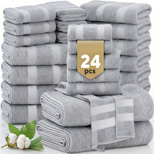 Cotton Bath Towel Set, 12 or 24 Pieces with Hand Towels and Washcloths
