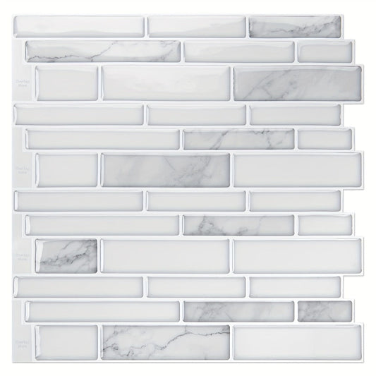 Peel and Stick Backsplash Tiles, White Marble Pattern, 10 Sheets with 3D Gel-Like Finish