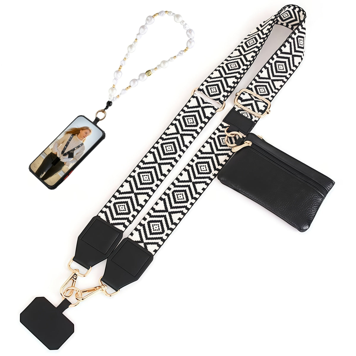 Phone Lanyard Crossbody Strap with Zipper Pouch & Beaded Charm Adjustable Hands-Free Cell Phone Shoulder Strap – Universal Fit for Most Smartphones Women Teens Travel Daily