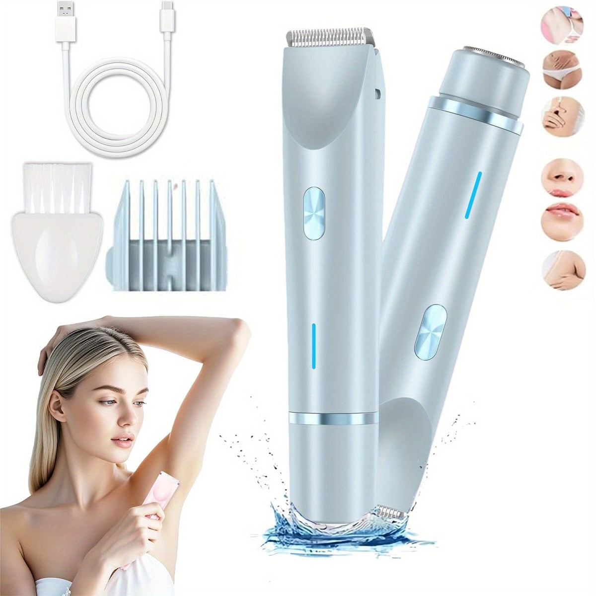 Electric Hair Removal Shaver Women 2-in-1 Dual Head USB Rechargeable - Stainless Steel Blades Cordless Epilator for Face Legs Bikini Line Underarms Intimate Areas - Pink Purple Blue