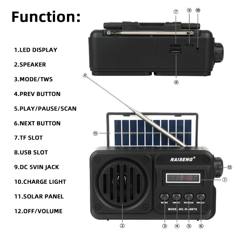 FM Portable Radio R-49BTS Retro Solar Panel Bluetooth Speaker, USB TF Card Playback, Loud Digital Radio for Indoor Outdoor Travel Emergency Camping, Independence Day Gift