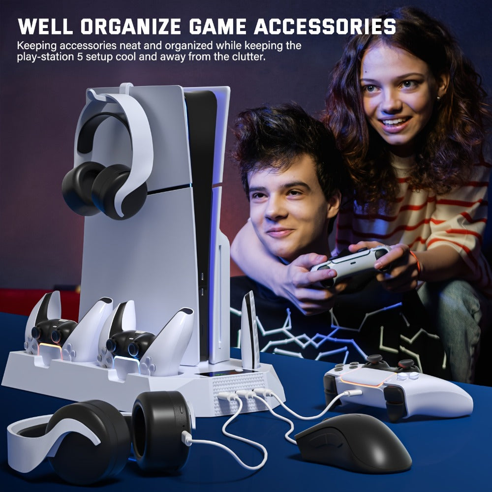 PS5 Cooling Station with Controller Charging Dock - Compatible with PS5 Slim Pro Standard Disc Digital, Dual Controller Charger Turbo Fan 3-Port USB Hub Headset Holder All-in-One PS5 Accessory