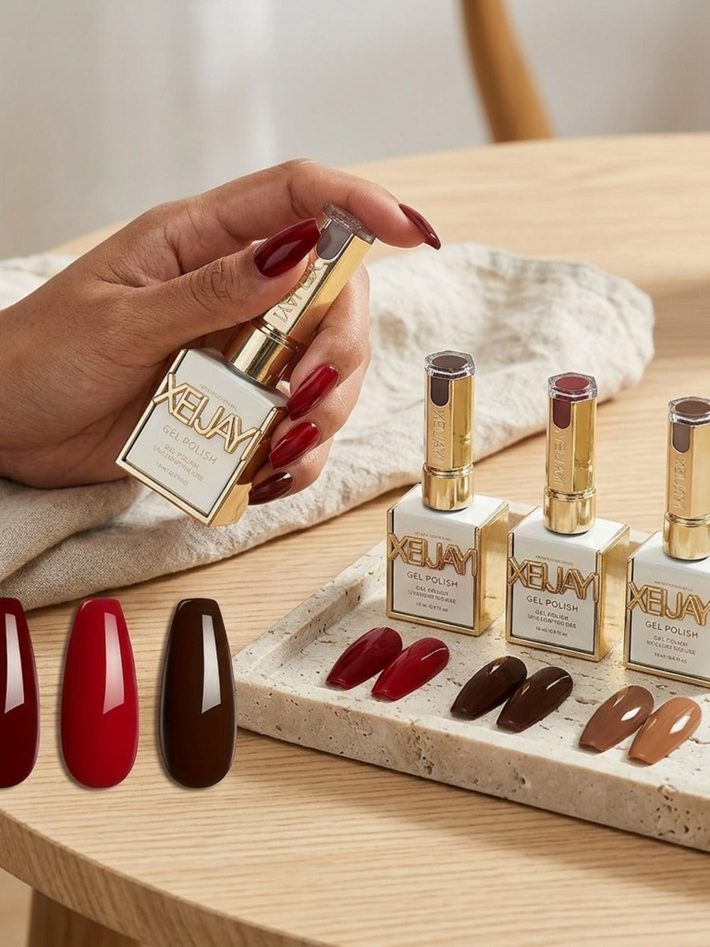 Red Glitter Gel Nail Polish Set 6 Colors — Sparkling Long-Lasting Soak Off LED UV Semi-Permanent Nail Gel | Gilded Bottle Salon Quality Nail Art Kit | Holiday Party Festive Nails Gift for Women