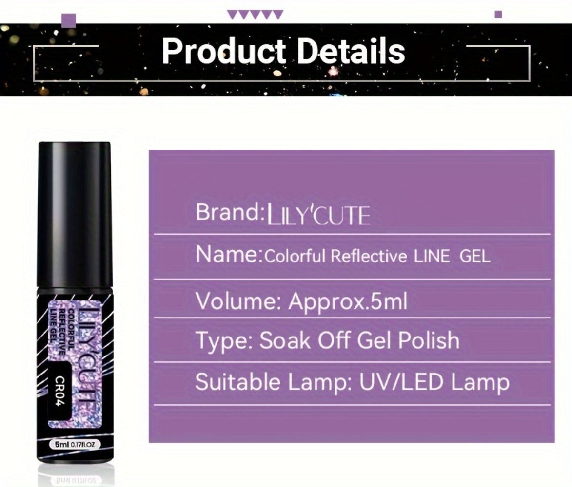 Glitter Liner Nail Art Gel 5ml Super Reflective – Ultra Fine Brush Tip Nail Art Drawing Gel for Stripe Line & Detail Designs, Long Lasting UV LED Nail Art Liner Gel for Salon & DIY Home Women