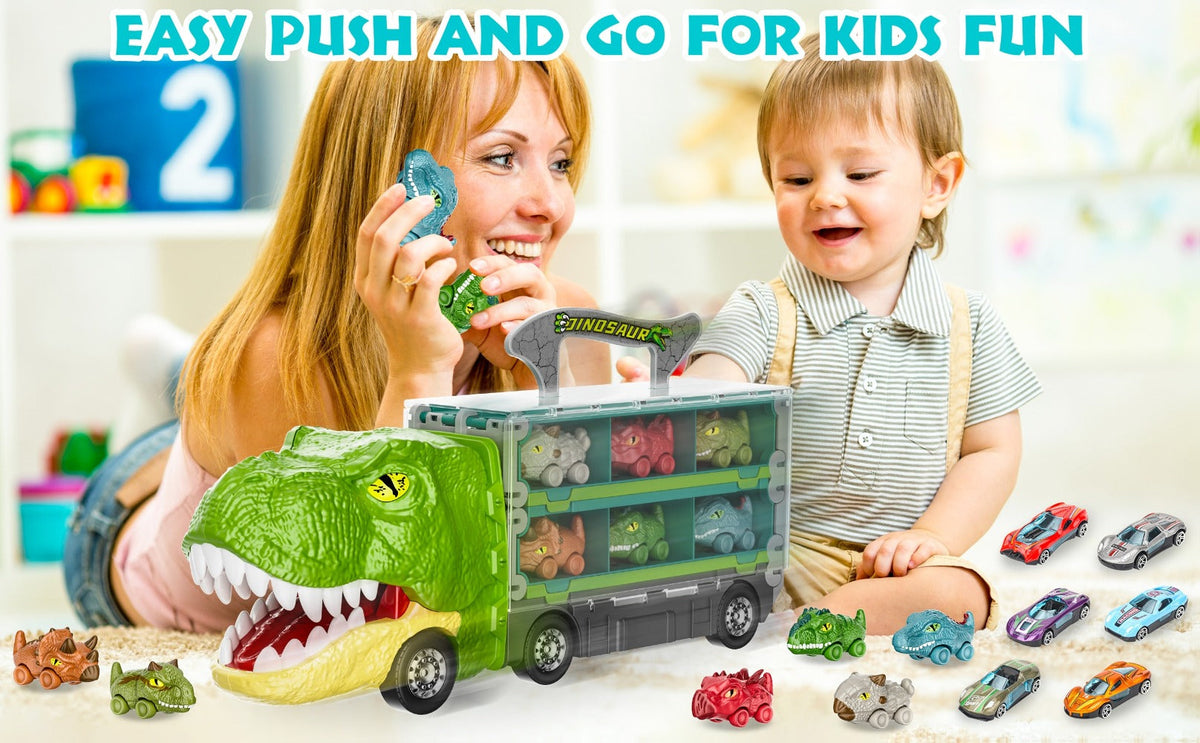 Dinosaur Truck Toy Carrier with 63-Inch Foldable Race Track, 13-in-1 Set with 12 Cars & 2-Player Racing